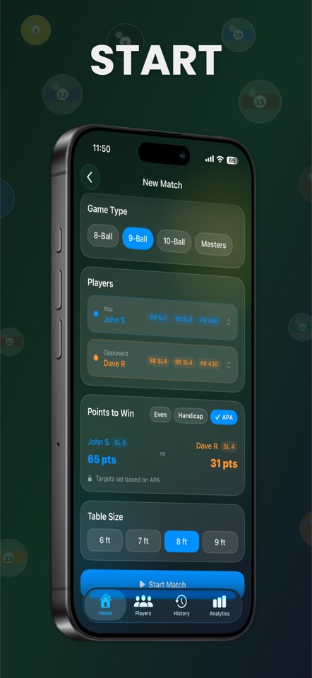 New match setup with game type, players, points to win, and table size