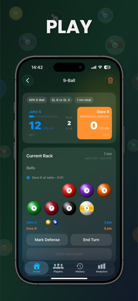Live 9-Ball scoring with the current rack and each player's points