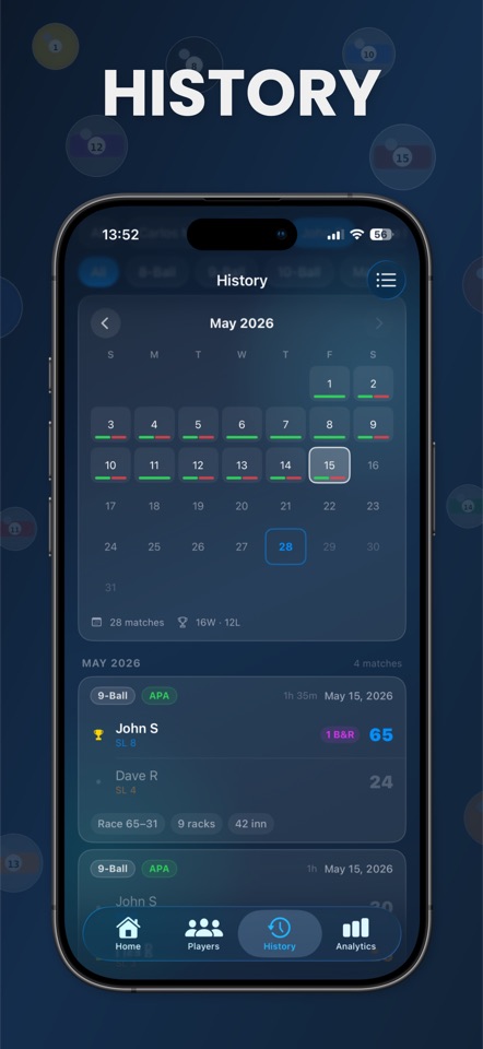 Match history calendar with recent results